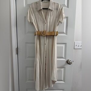 Beige Button-Up Midi Dress with Belt -boutique
